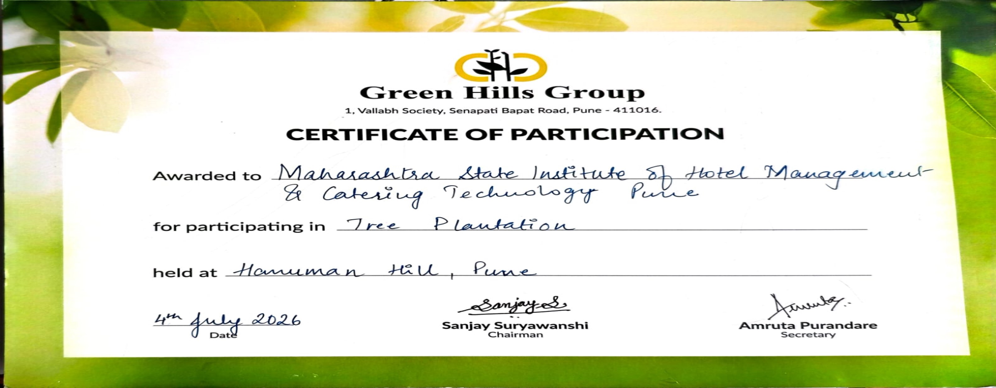 Tree Plantation Certificate